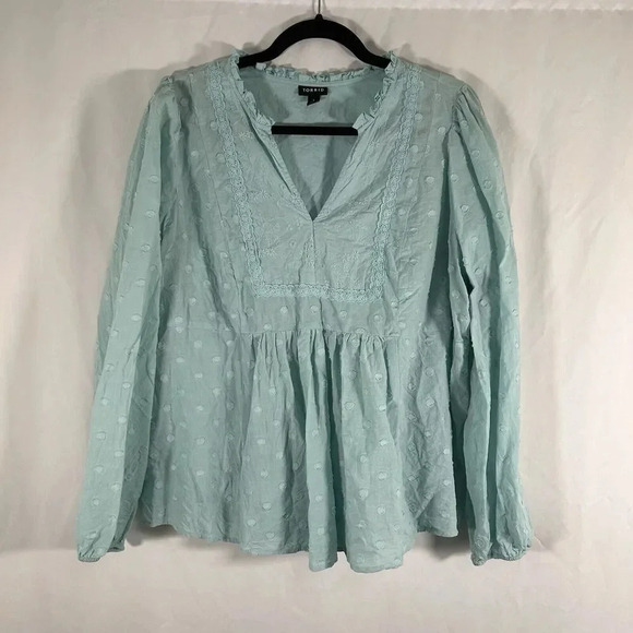 Torrid Blouse Women's 1 1X Blue Vneck Long Sleeve Frill Neckline 100% Cotton - Picture 1 of 10